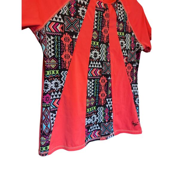 JUSTICE Neon Orange Geometric Short Sleeve Rash Guard Swim Top 12/14 PLUS - Picture 3 of 6
